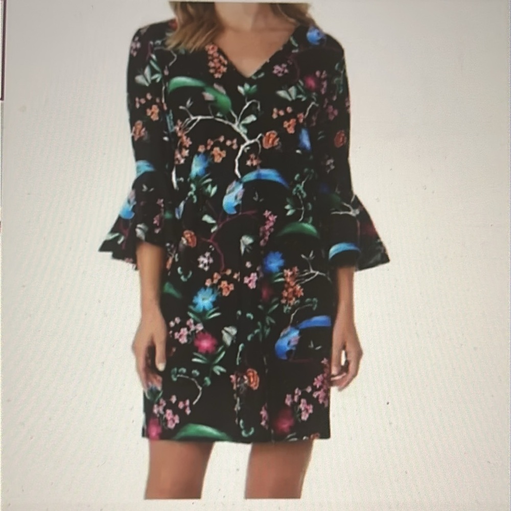 Jude Connally BlackDress with Colorful Floral Design, size medium